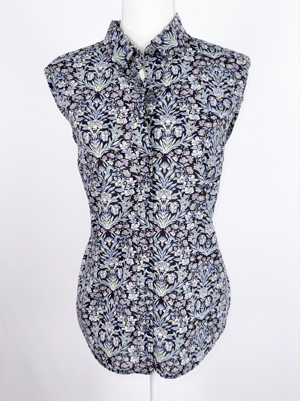J Crew Floral Sleeveless Button Down Shirt Women's 14 Blue